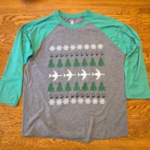 AWACS Womens M Gray Green Raglan Airplane Ugly Christmas 3/4 Sleeve Shirt 962